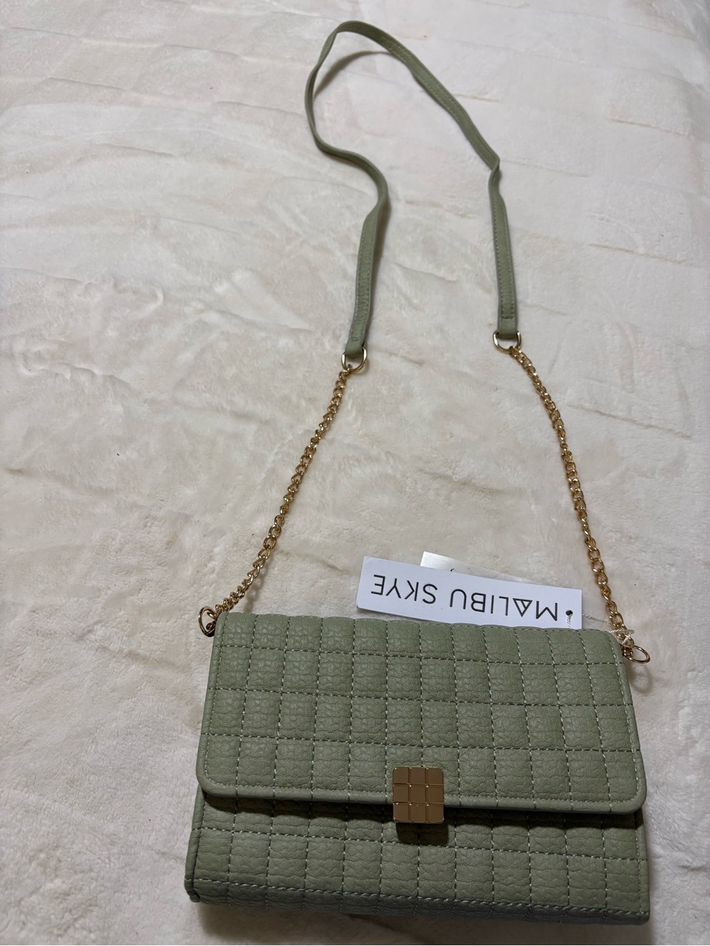 Malibu Skye Quilted Crossbody Bag in Sage Green with Gold Chain